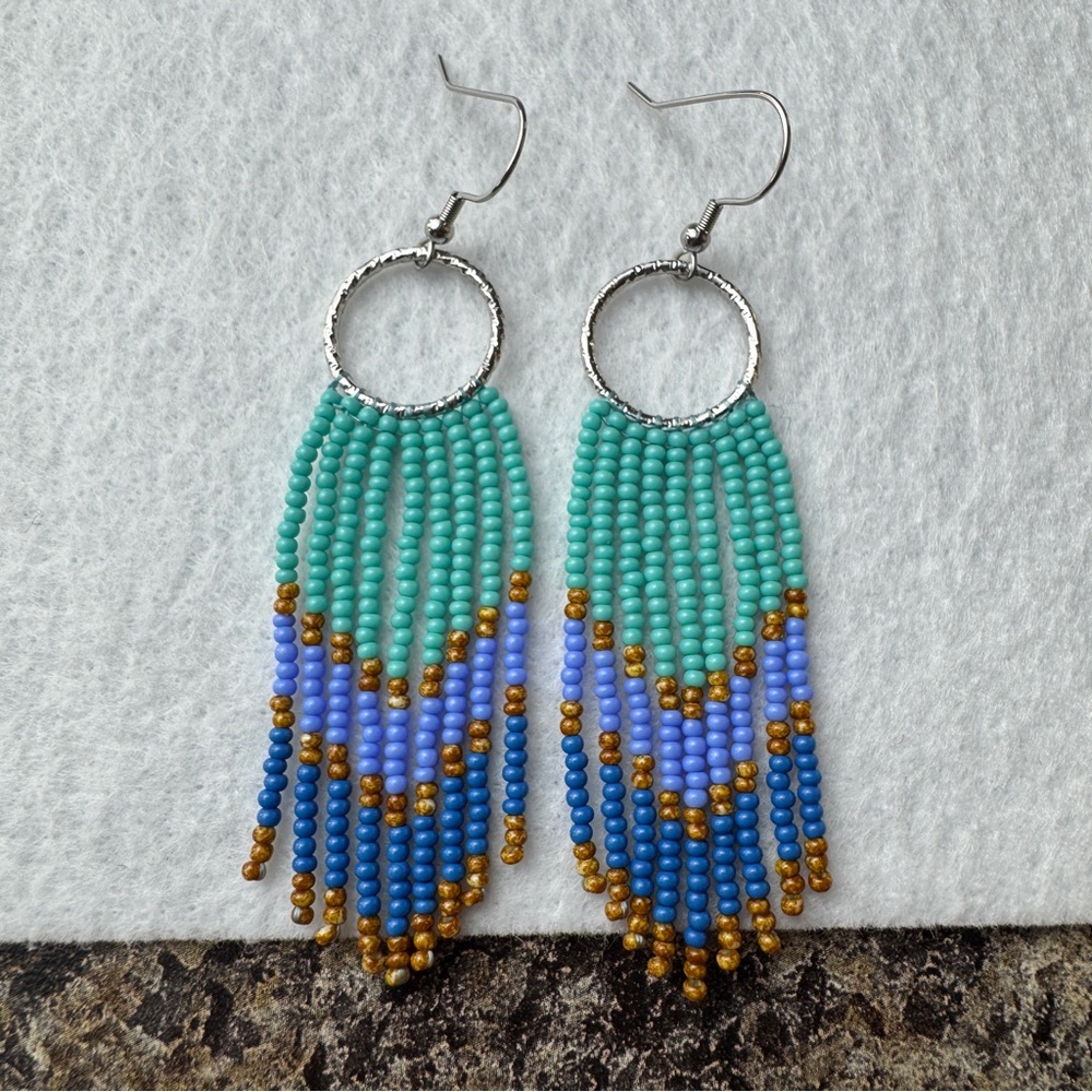 Teal Blue Travertine Seed Bead Beaded Earrings Fringe Earrings 3.25” Handmade